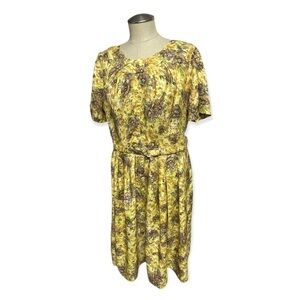 Mode O'Day Vintage Yellow Floral Belted Midi Dress Large